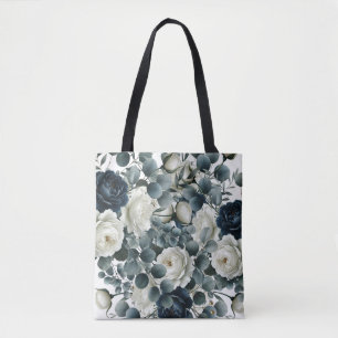 Bolso De Tela Boda de flora verde moderna azul oscuro y blanco