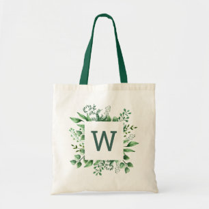 Bolso De Tela Boda de greenery con acuarela. Monograma de bosque