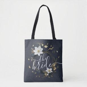 Bolso De Tela Boda de guirnaldas florales en blanco y oro negro