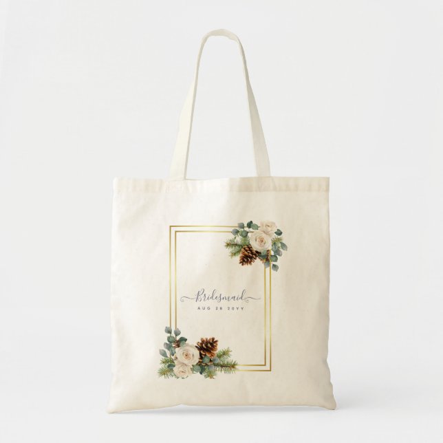 Bolso De Tela Boda de Invierno Roses Blancos Dorado Azul (Frente)