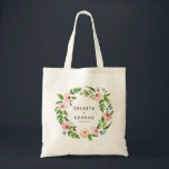 Bolso De Tela boda de la corona floral rosa de Rubor<br><div class="desc">Bolsa de tetas boda de color de agua floral rosa Rubor. Elegante diseño de acuarela floral y hermosa caligrafía de escritura. bolsa de tote con boda floral. Los suaves tonos mullidos le dan una elegancia tranquila a esta suite boda. edite el texto para mostrar los nombres de la novia y...</div>
