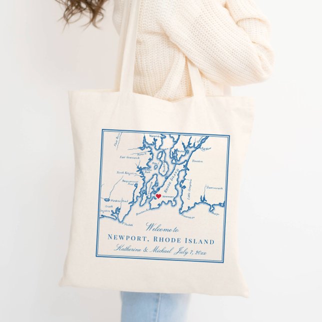 Bolso De Tela Boda de la isla Rhode de Newport Bienvenidos a la  (Elegant Newport Rhode Island map wedding tote bag personalized with couples names and date)
