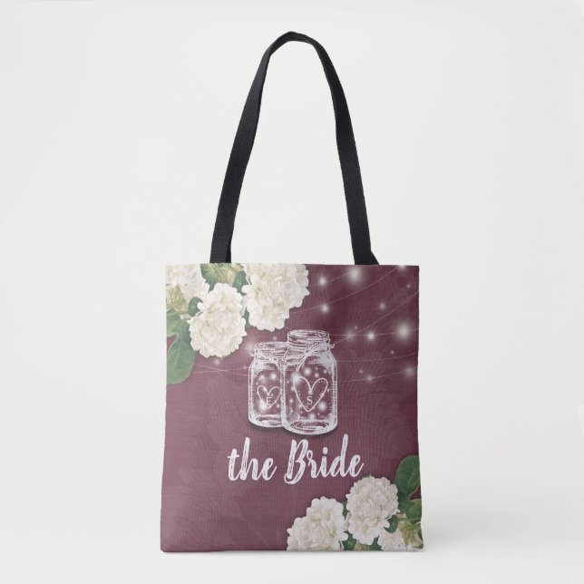 Bolso De Tela Boda de la novia Mason Jar Hydrangea String Light (Anverso)