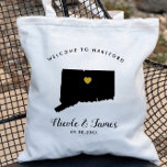 Bolso De Tela Boda de mapas de Connecticut Bag de bienvenida Tot<br><div class="desc">Boda de fin de semana bolso de regalo de bienvenida para huéspedes fuera de la ciudad a su boda,  con imagen de Connecticut,  con corazón dorado. Rellene el tote con sus dulces favoritos.</div>
