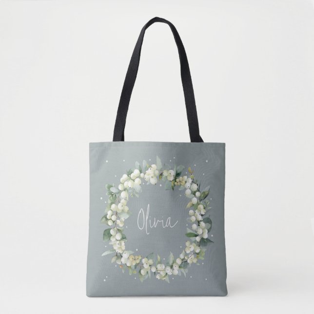 Bolso De Tela Boda de nieve verde y eucalipto personalizado (Anverso)