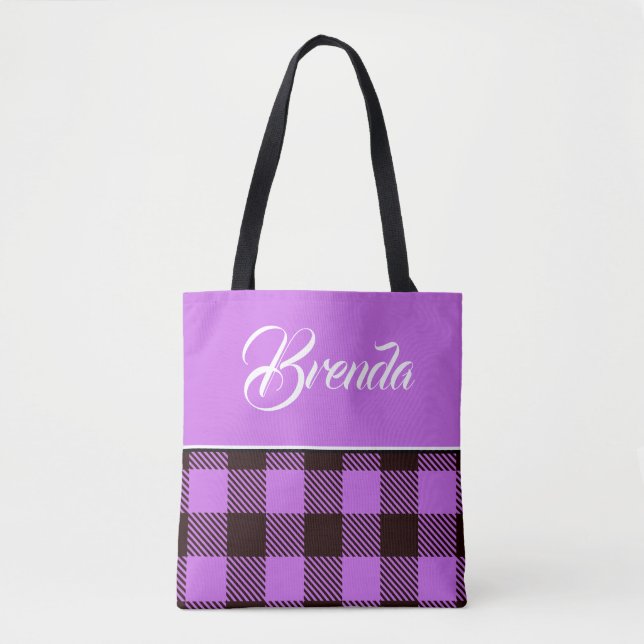 Bolso De Tela Boda de nombre personalizado Tartán negro orquídea (Anverso)