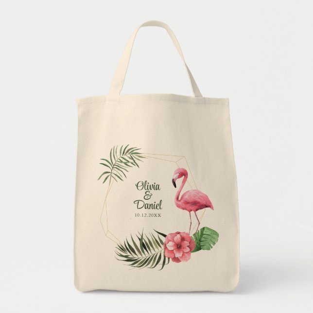 Bolso De Tela Boda de nombres de parejas de flamencos tropicales (Frente)