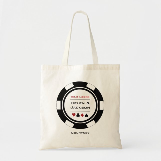 Bolso De Tela Boda del Casino Black & White Poker Chip Name (Frente)
