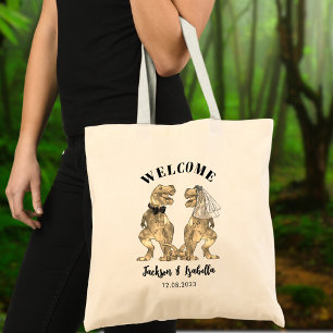 Bolso De Tela Boda divertida de la novia y el novio T Rex Bienve