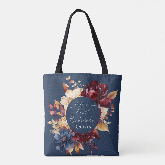 Bolso De Tela Boda floral azul de medianoche (Reverso)