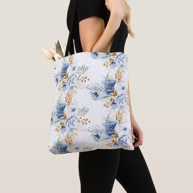 Bolso De Tela Boda Floral de Azul Polvoriento Blanco y Dorado (Detalle)
