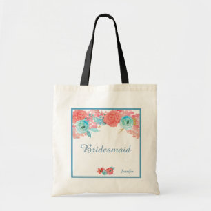Bolso De Tela Boda floral de coral rosa y Aqua