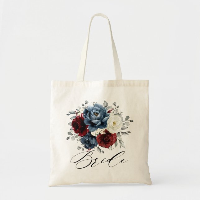 Bolso De Tela Boda floral de marfil blanco de borgoña azul pizar (Frente)