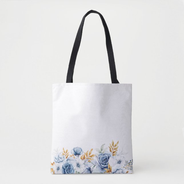 Bolso De Tela Boda Floral Dusty Blue White Gold (Anverso)