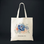 Bolso De Tela Boda floral rosa Rubor con pizarra azul turbia<br><div class="desc">Boda floral azul de la marina, rosa de color rosa azul celeste, mochila de regalo de la dama de honor con un elegante ramo de azul marino, azul real, blanco, rosa de jardín de colores vivos, horangea y hojas de eucalipto verde salado. Comuníquese conmigo para obtener ayuda sobre la personalización...</div>