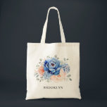 Bolso De Tela Boda floral rosa Rubor con pizarra azul turbia<br><div class="desc">Boda floral azul de la marina, rosa de color rosa azul celeste, mochila de regalo de la dama de honor con un elegante ramo de azul marino, azul real, blanco, rosa de jardín de colores vivos, horangea y hojas de eucalipto verde salado. Comuníquese conmigo para obtener ayuda sobre la personalización...</div>