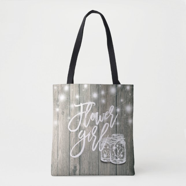 Bolso De Tela Boda Flower Girl Wood Mason Jar String Lights (Anverso)