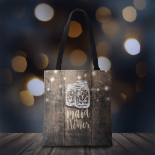 Bolso De Tela Boda Maid of Honor Wood Mason Jar String Lights