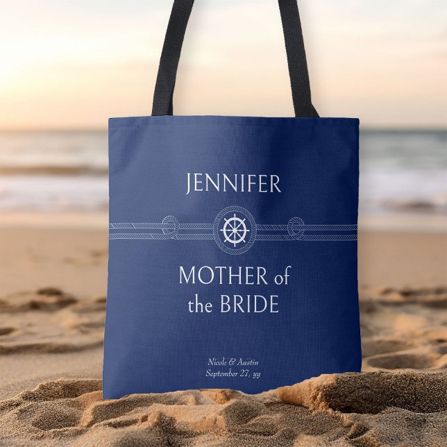 Bolso De Tela Boda Náutica Partido Bridal Madre de la Novia (Nautical wedding blue tote bag to personalize for anyone in your wedding party)