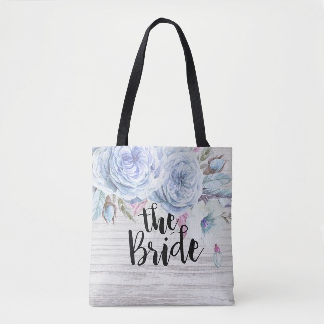 Bolso De Tela Boda Novia Boho Flores Plumas Madera Rústica (Anverso)