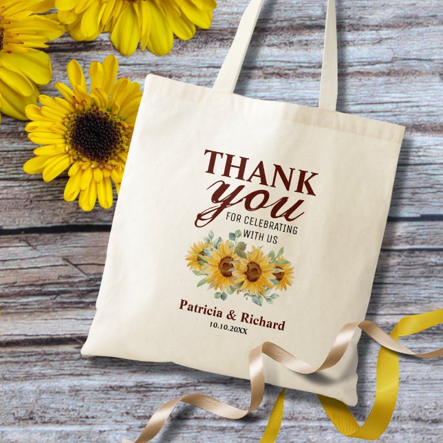 Bolso De Tela Boda Rústico De Girasol Gracias Por Favor (Say a rustic 'Thank You' with our Sunflower Wedding Favor Tote Bags. country wedding welcome bag.)