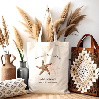 Bolso De Tela Boda Starfish Bienvenida Coral Brown Favor Invitad