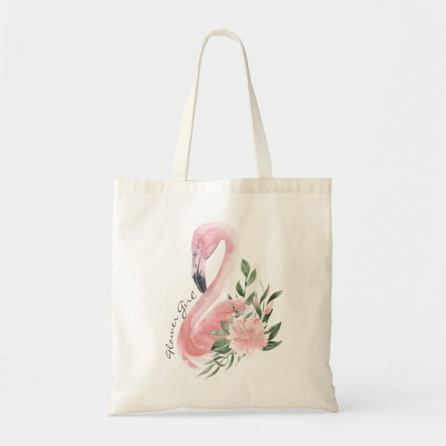 Bolso De Tela Boda tropical rosa Flamingo Chica de flores (Frente)