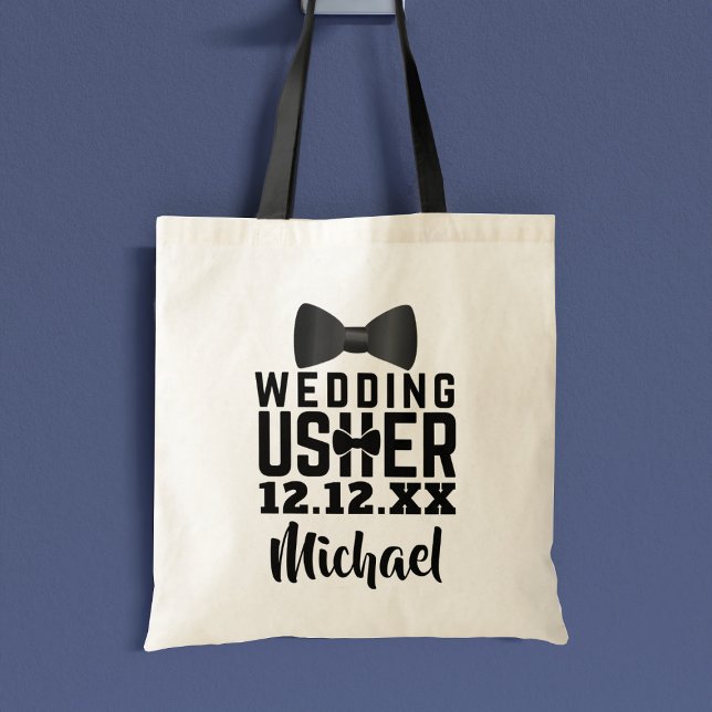 Bolso De Tela Boda Usher Regalo Black Bow Tie Nombre Tote Bag (Perfect tote bag for your Wedding Usher. Just add their name and your wedding date)