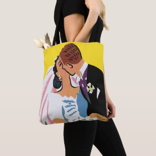 Bolso De Tela Boda Vintage, recién casados besándose