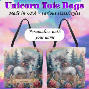 Bolso De Tela Boho Acuarela Unicornio Arcoíris Nombre Personaliz