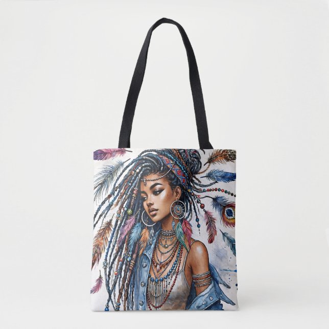 Bolso De Tela Boho Art de la Mujer Negra Bohemia (Anverso)