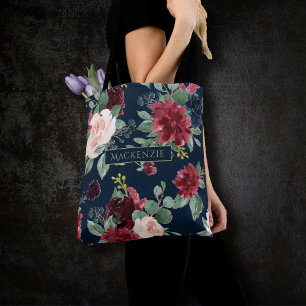Bolso De Tela Boho Blooms Personalizado Azul y Borgoña de la M