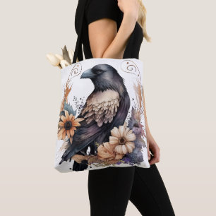 BOLSO DE TELA BOHO BROWN & TAN HALLOWEEN RAVEN BIRD & FLOWERS