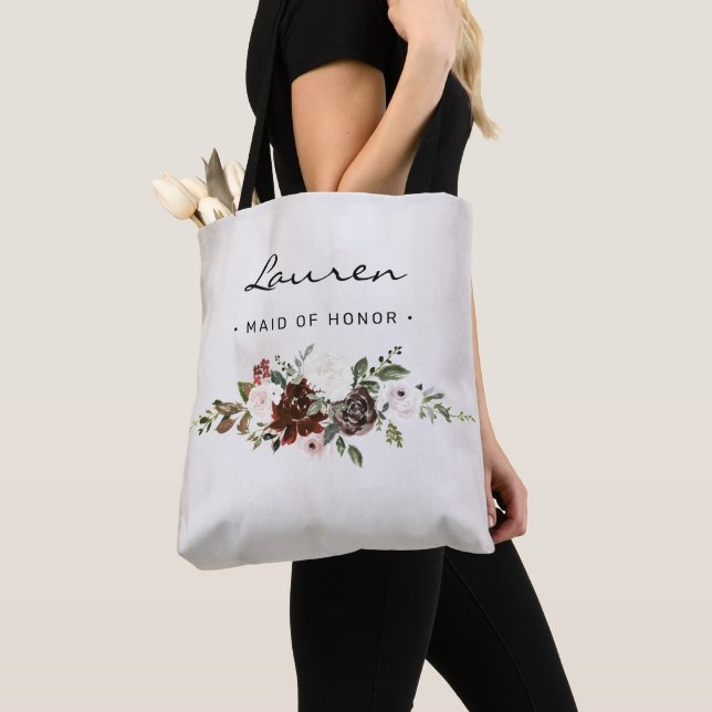 Bolso De Tela Boho Burgundy guión floral rosa de doncella de hon (Detalle)