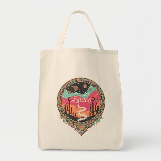 Bolso De Tela Boho Desierto Cósmico Retro (Frente)