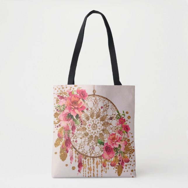 Bolso De Tela Boho Dreamcatcher Pink Gold Floral acuarela (Anverso)