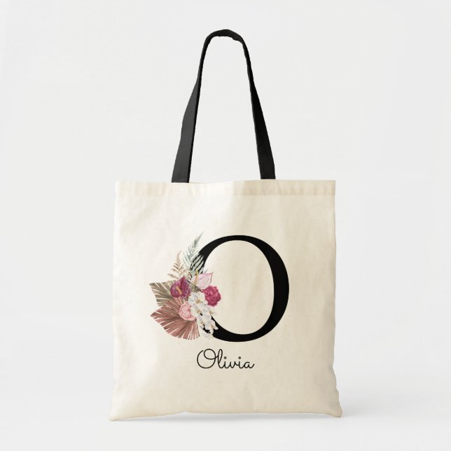 Bolso De Tela Boho Floral Rosa con Iniciales O Monogramada (Frente)