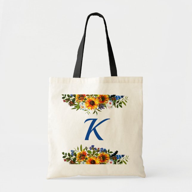 Bolso De Tela Boho Floral Sunflower Monograma Bridesmaid (Frente)