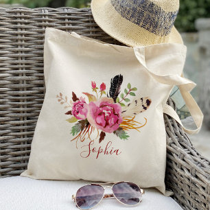 Bolso De Tela Boho floral y plumas Bridesmaid Personalizada