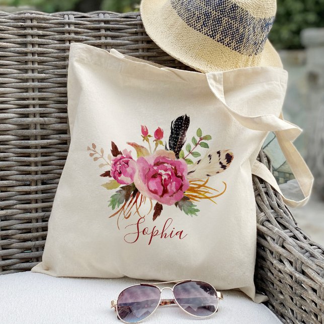 Bolso De Tela Boho floral y plumas Damas de honor Personalizadas (Subido por el creador)