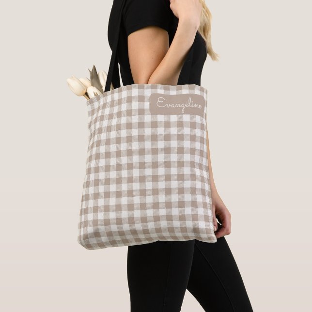 Bolso De Tela Boho Gingham Pattern Plaid Checkered Neutral Name (Detalle)