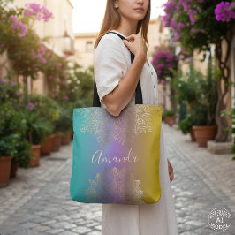 Bolso De Tela Boho Mandala con filigrana de oro Arcoíris pastel