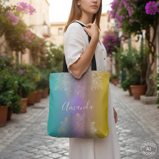 Bolso De Tela Boho Mandala con filigrana de oro Arcoíris pastel  (Subido por el creador)