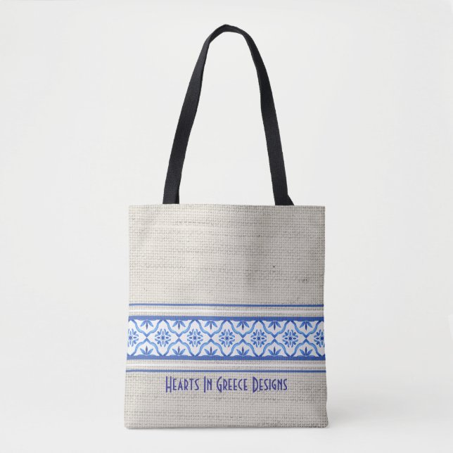 Bolso De Tela Boho Mediterráneo Tile Blue White Personalizado (Anverso)