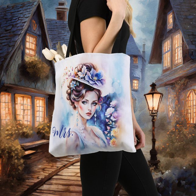 Bolso De Tela Boho Moda acuarela artística Sra. Boda (Elegant tote bag featuring a watercolor painting of chic lady wearing a hat with flowers - bride)