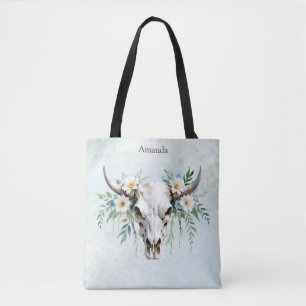 Bolso De Tela Boho Moda Watercolor Floral Cow Skull