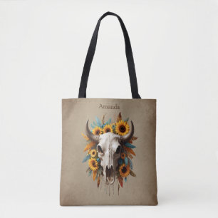 Bolso De Tela Boho Moda Watercolor Foco de girasol Cow Skull