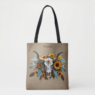 Bolso De Tela Boho Moda Watercolor Foco de girasol Cow Skull