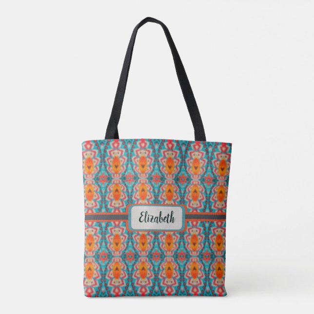 Bolso De Tela Boho Naranja y turquesa Tote de inspiración tribal (Reverso)