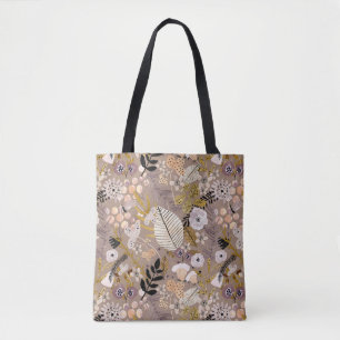 Bolso De Tela Boho Negro Blanco Oro Melocotón Hoja Floral Dibuja